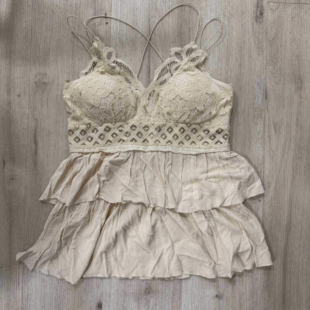 Mazik Lace Crochet Strappy Boho Blouse Tiered Peplum Top Cream Size Small